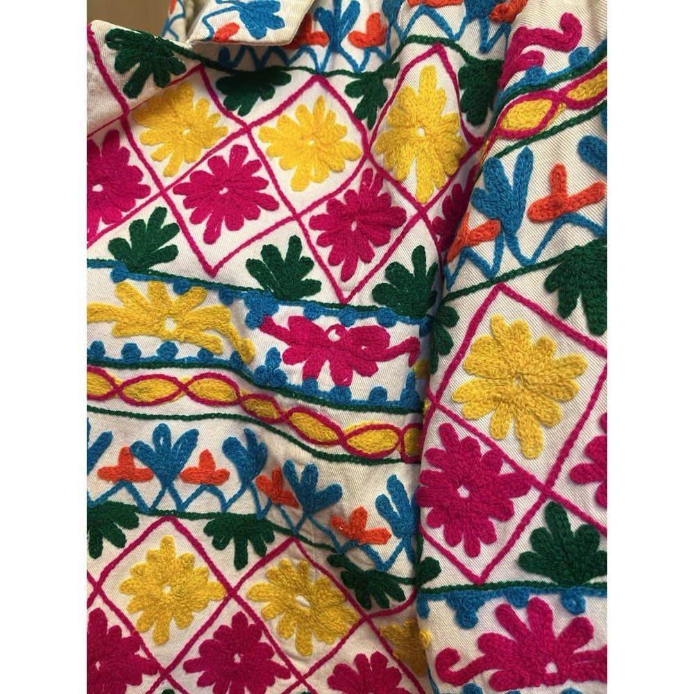 Anu Embroidered Cotton Jacket Womens Small White Multi Floral Boho Open Front - Picture 8 of 12